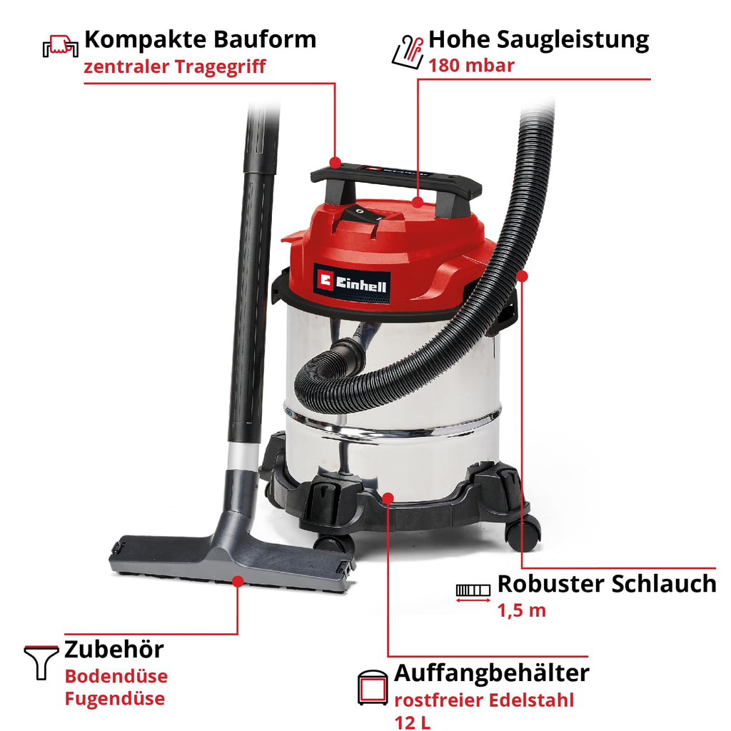 Einhell Nass-Trockensauger TC-VC 1812/1 S (1250 W, 180 mbar, 4 Lenkrollen, 12 L Behälter, inkl. Fugen- & Kombidüse, Schaumstofffilter, Schmutzfangsack & Filterbeutel)