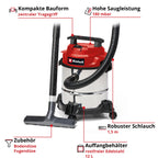 Einhell Nass-Trockensauger TC-VC 1812/1 S (1250 W, 180 mbar, 4 Lenkrollen, 12 L Behälter, inkl. Fugen- & Kombidüse, Schaumstofffilter, Schmutzfangsack & Filterbeutel)
