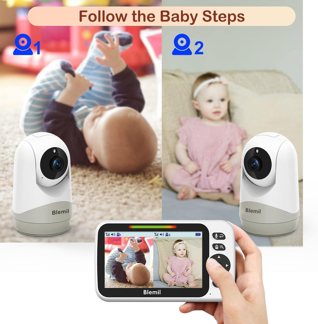 Blemil Babyphone mit 2 Kameras und Audio 30 Stunden wiederaufladbare Batterie, 5" großer geteilter Bildschirm, ferngesteuerte Schwenk-/Neige-/Zoom-Kamera, Zwei-Wege-Gespräch, Nachtsicht, kein WiFi