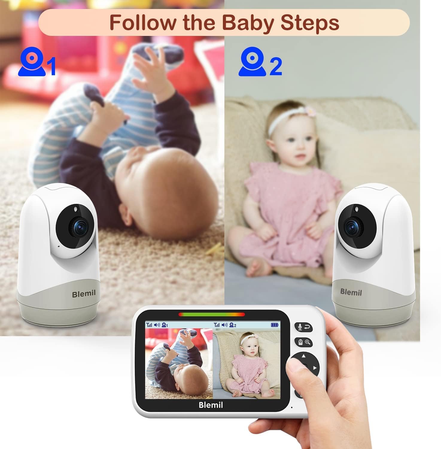 Blemil Babyphone mit 2 Kameras und Audio 30 Stunden wiederaufladbare Batterie, 5" großer geteilter Bildschirm, ferngesteuerte Schwenk-/Neige-/Zoom-Kamera, Zwei-Wege-Gespräch, Nachtsicht, kein WiFi