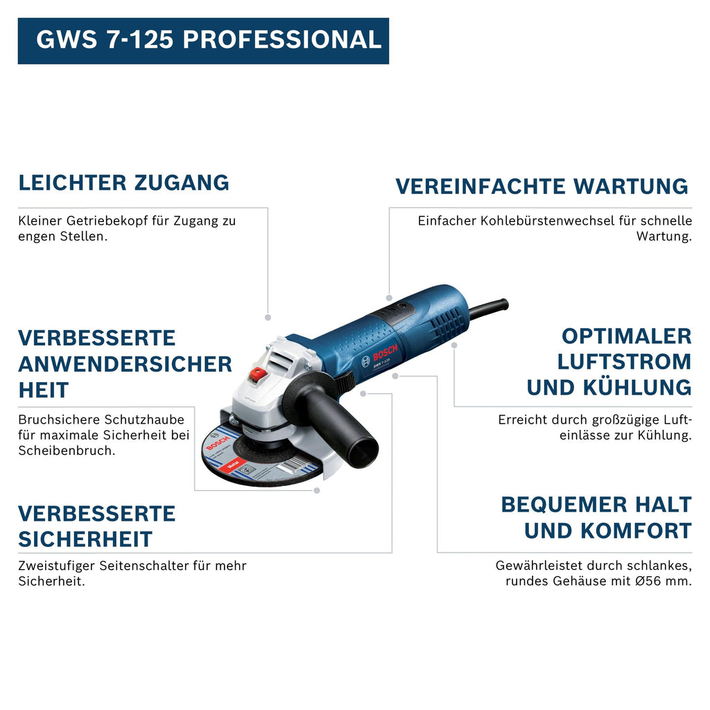 Bosch Professional Winkelschleifer GWS 7-125 (Scheiben-Ø 125mm, Leistung 720 Watt, inkl. Zusatzhandgriff, Aufnahmeflansch, Schutzhaube, Spannmutter, Zweilochschlüssel)