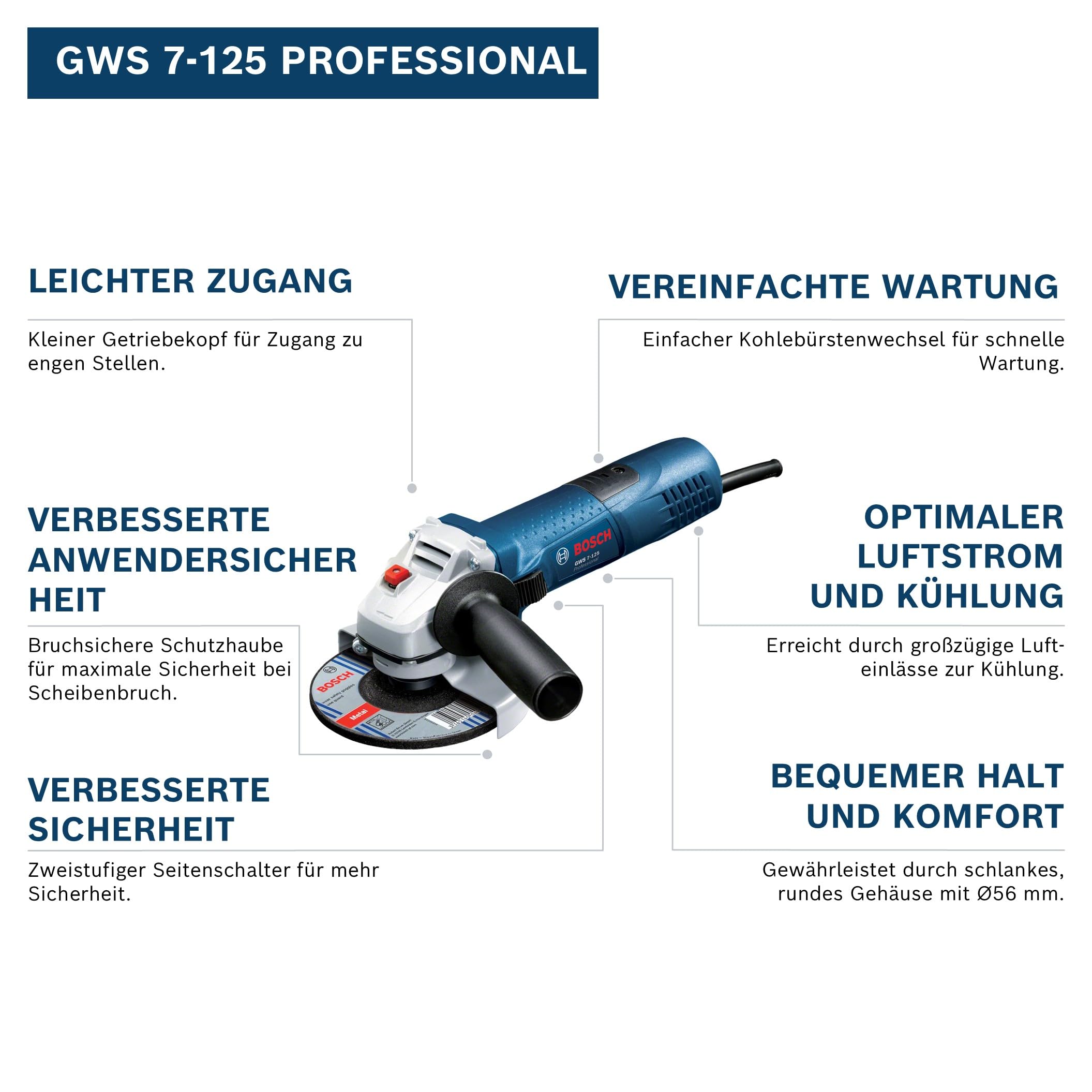 Bosch Professional Winkelschleifer GWS 7-125 (Scheiben-Ø 125mm, Leistung 720 Watt, inkl. Zusatzhandgriff, Aufnahmeflansch, Schutzhaube, Spannmutter, Zweilochschlüssel)