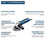 Bosch Professional Winkelschleifer GWS 7-125 (Scheiben-Ø 125mm, Leistung 720 Watt, inkl. Zusatzhandgriff, Aufnahmeflansch, Schutzhaube, Spannmutter, Zweilochschlüssel)