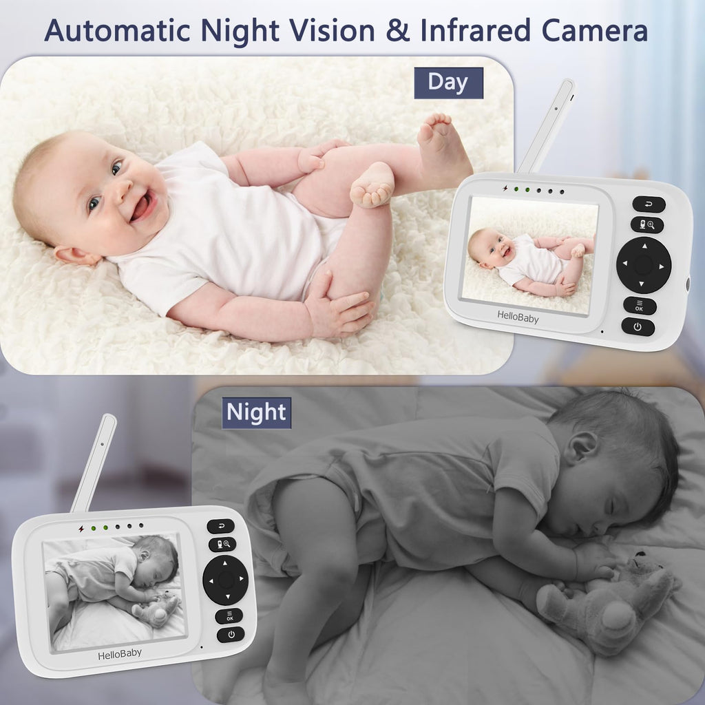 HelloBaby Babyphone mit Kamera, Video Babyphone ohne WLAN, 3,2 Zoll IPS Bildschirm,Nachtsicht, Winkel Manuell Einstellen, Reichweite 305m, ECO/VOX Audiomodus, Fütterungserinnerung,USB Ladegerät,HB2438