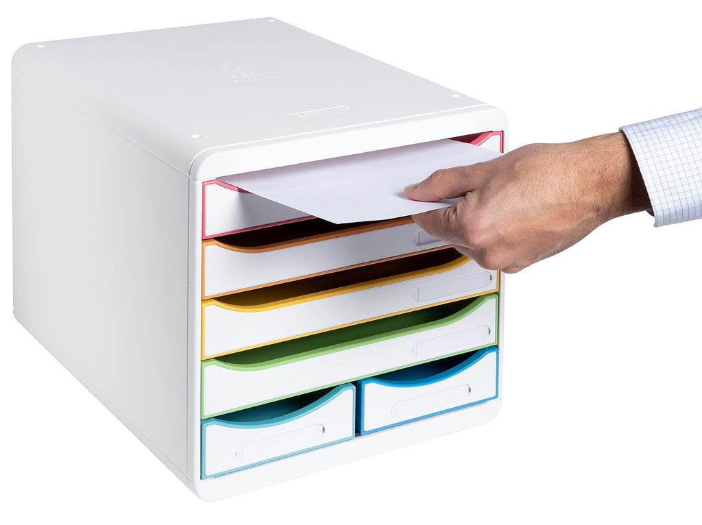 Exacompta 312913D Ablagebox Harlekin aus Recycling-Kunststoff mit 4 Schubladen für DIN A+ und 2 Schubladen für Utensilien. Belastbare Schubladenbox für mehr Platz. Blauer Engel Big Box Maxi weiß|bunt