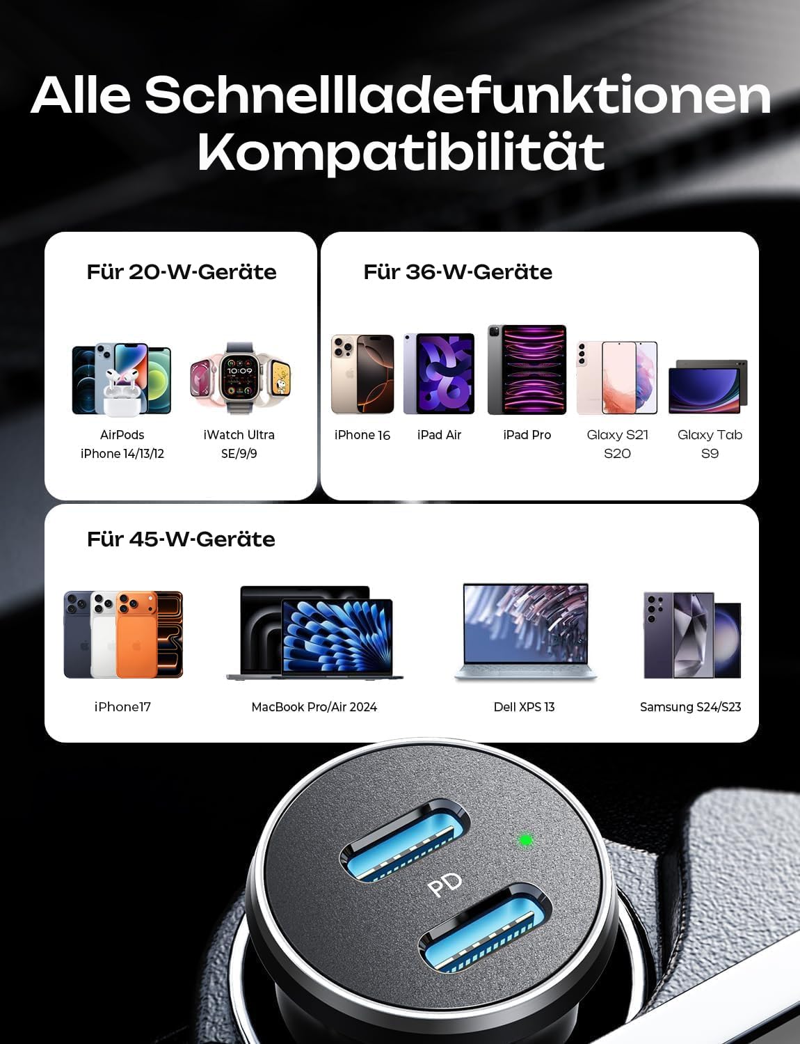 LISEN 90W Zigarettenanzünder USB C, [PD3.0 Superschnelles Laden] Autoladegerät Zigarettenanzünder, KFZ Ladegerät USB C, Car Charger Schnellladung für iPhone 17 16 15 Pro Max iPad Galaxy S25 S24
