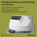 Safescan 1250 EUR Münzzähler, der gemischte EUR-Münzen schnell zählt und sortiert - Münzsortierer, sortiert Münzen nach Stückelung - Geldzählmaschine für das Zählen von Münzen