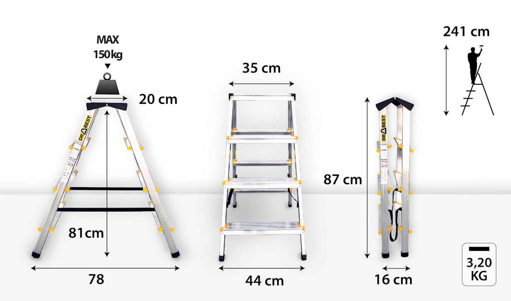 DRABEST Trittleiter Klapptritt Alu Leiter 2 x 4 Stufen Beidseitig Mehrzweckleiter Stufenleiter bis 150 kg Belastbar