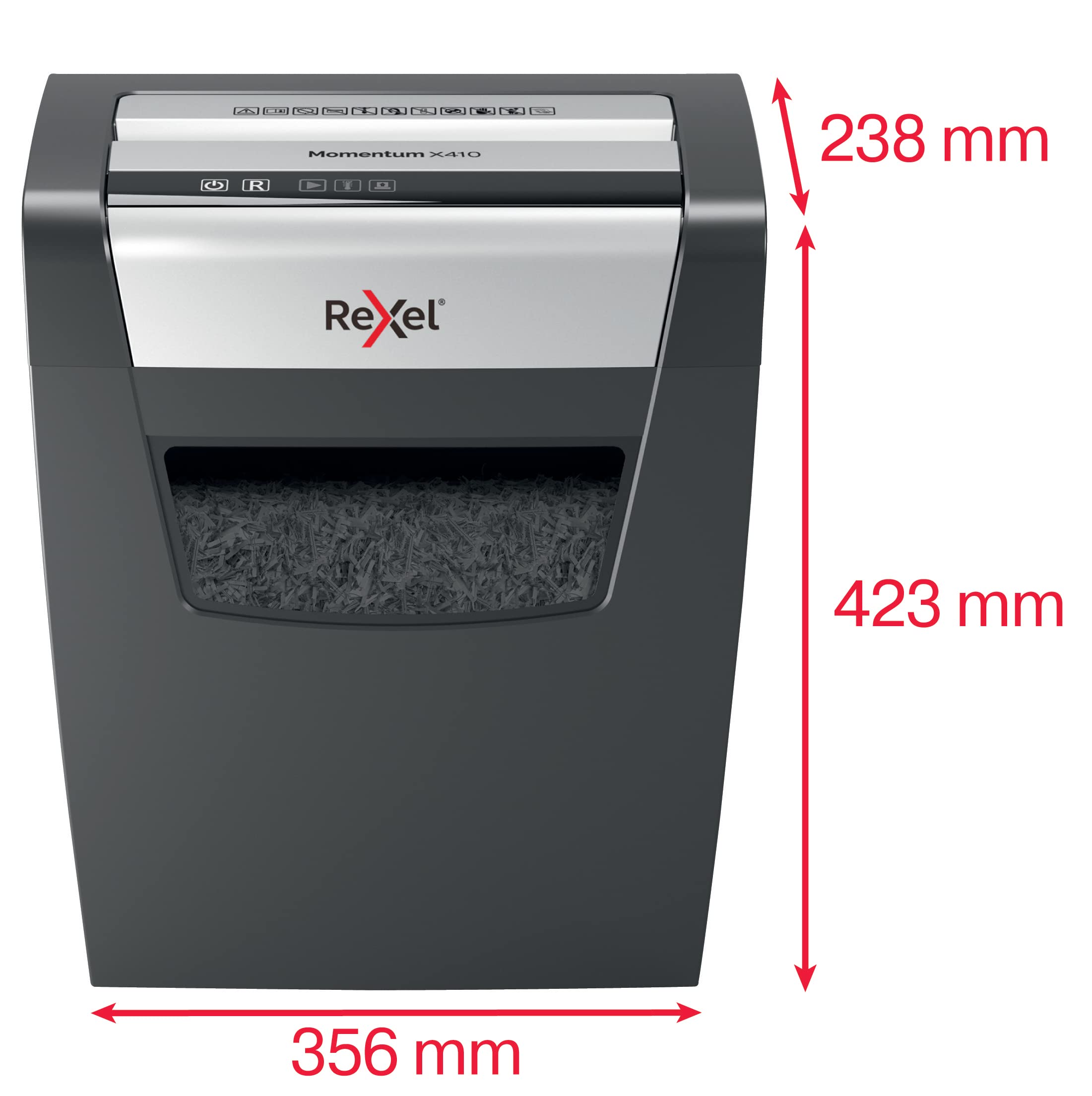 Rexel Aktenvernichter Momentum X410, Partikelschnitt, 11-10 Blatt A4 (70-80 g/m²) Kapazität, Sicherheitsstufe P4, 23L Abfallbehälter, Schredder, schwarz, 2104571EU