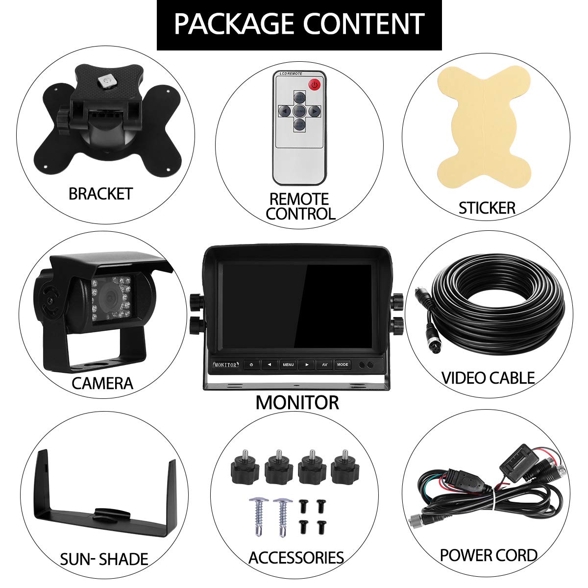 Rückfahrkamera-Set mit 7"-LCD-Monitor & 170° Weitwinkel- Rückfahrkamera, IP68 wasserdicht, 18IR Nachtsicht, für LKW/Anhänger/Bus/Van/Landwirtschaft/Schwertransport(12-24 Volt)