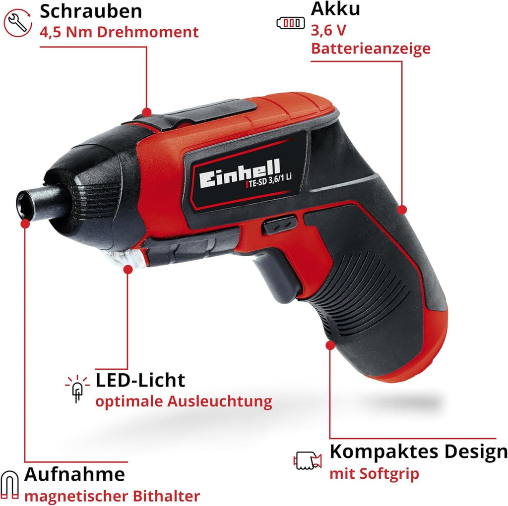 Einhell Akkuschrauber TE-SD 3,6/1 Li (Li-Ion, 3.6 V, 4.5 Nm Drehmoment, Micro-USB-Lader, Magnetbithalterung, LED-Beleuchtung, Softgrip, inkl. 10-teiliges Bit-Set)