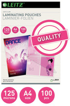 Leitz Heißlaminierfolien A4 125 mic, Hochwertige Laminierfolien im 100er Pack, mit abgerundeten Ecken, transparent, glänzend, für den Einsatz zu Hause oder im Büro, 33808