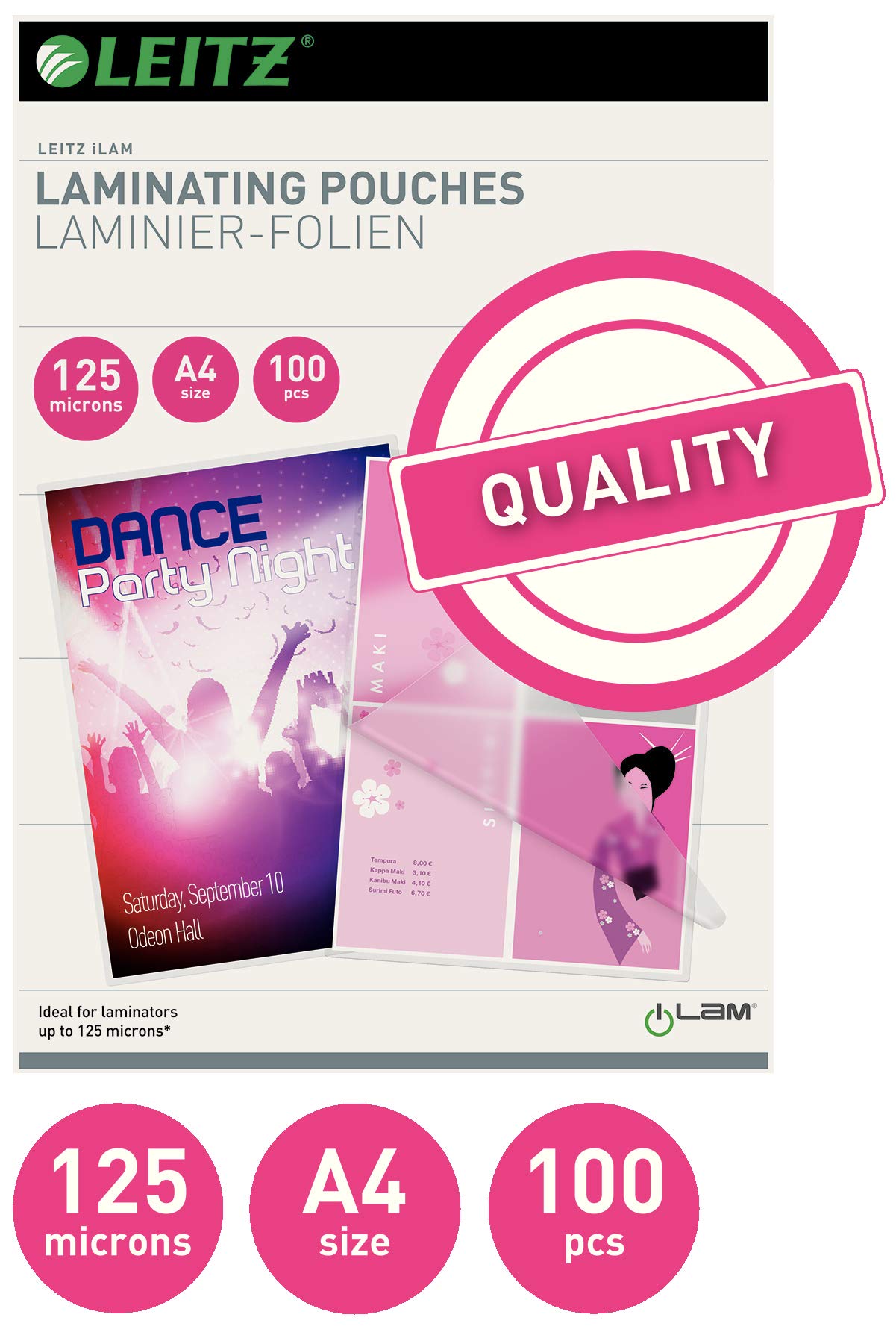 Leitz Heißlaminierfolien A4 125 mic, Hochwertige Laminierfolien im 100er Pack, mit abgerundeten Ecken, transparent, glänzend, für den Einsatz zu Hause oder im Büro, 33808