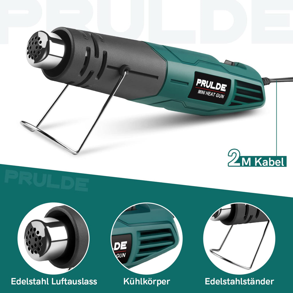 Mini Heißluftpistole - PRULDE Handheld Heißluftföhn 500W Schnelles Aufheizen Heissluftgebläse mit 2 Temperatureinstellungen für Acrylharz Handwerk, Basteln, Epoxidharz, Schrumpffolie