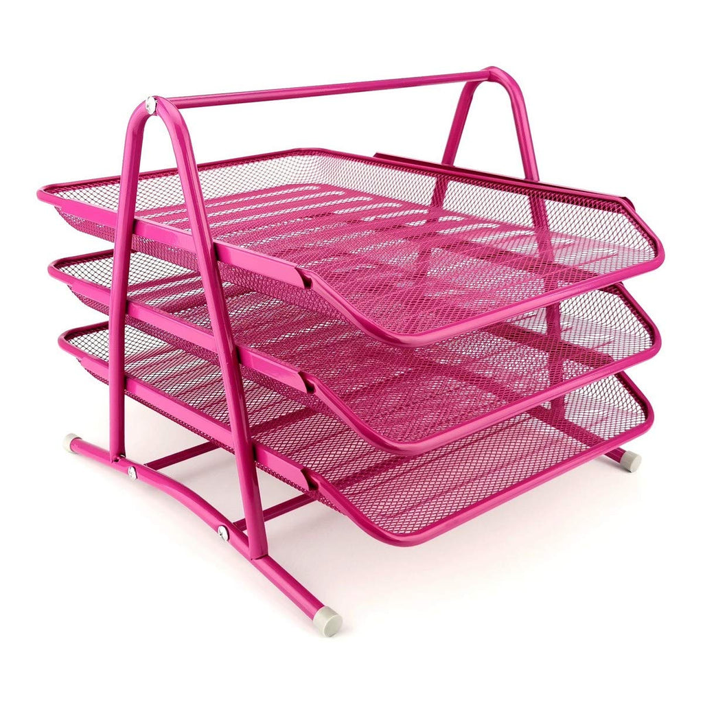 Leviatan Metall Ablage Ablagefächer | Büro Organizer Schreibtisch | Schubladen für Dokumente | 3 Schubfächer Briefablage Dokumentenablage A4 Organizer Mesh | Rosa