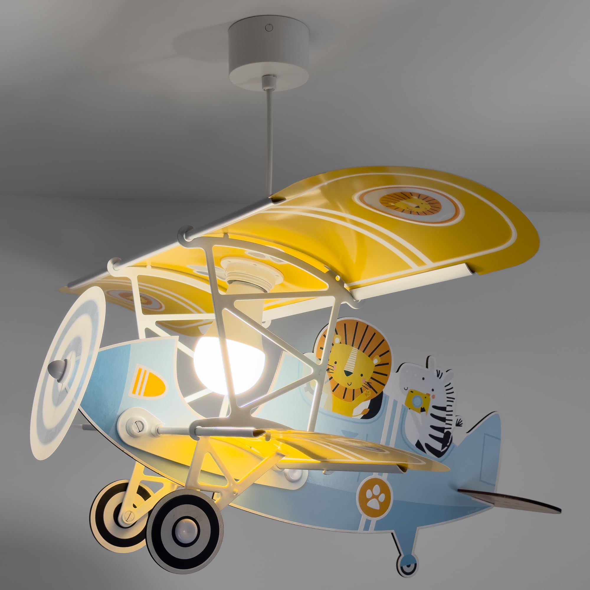 Dalber Kronleuchter für Kinderzimmer, Hängeleuchte, Flugzeug, Löwe, Blau, Tiere, 54602, E27, 15 W LED