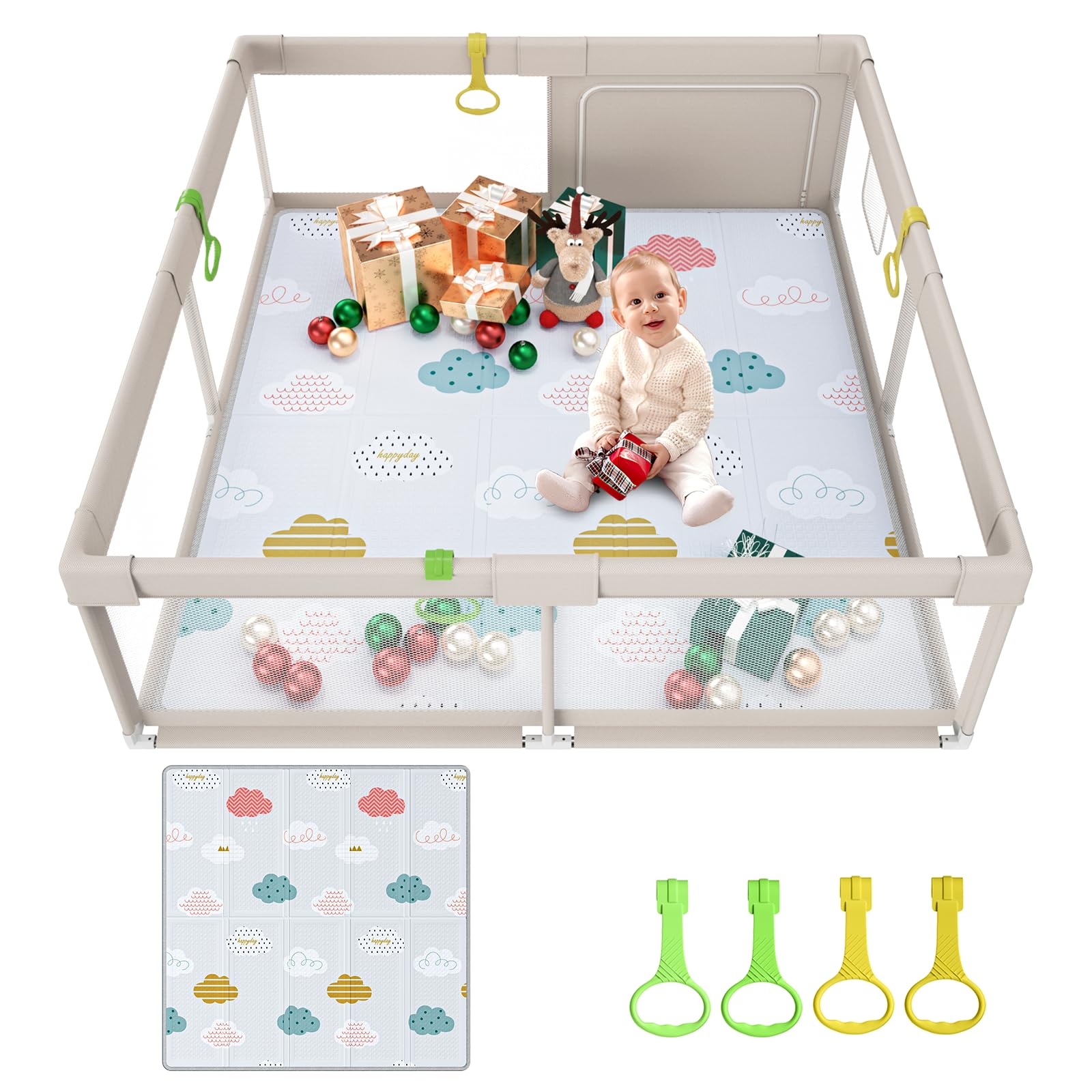 Uanlauo 150x150cm Laufstall mit Spielmatte, XXL Kinder Laufgitter, Innen & Außen Baby-Aktivitätsbereich mit Reißverschlusstür und 4 Ziehringen