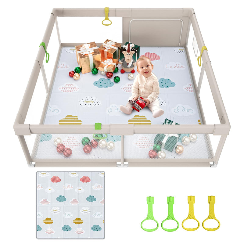 Uanlauo 150x150cm Laufstall mit Spielmatte, XXL Kinder Laufgitter, Innen & Außen Baby-Aktivitätsbereich mit Reißverschlusstür und 4 Ziehringen