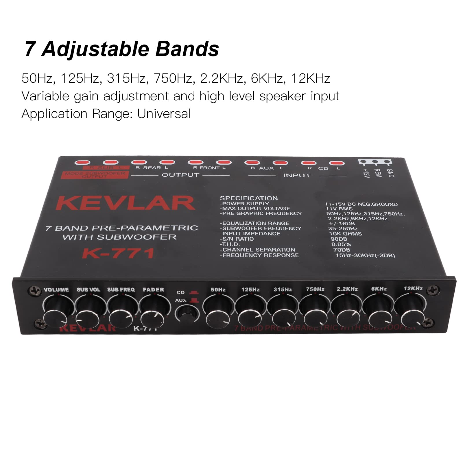 Auto-Equalizer mit 7-Band-Grafik-Equalizer 7-Band-Vorverstärker-Digital-Equalizer Auto-Audio-EQ Auto-Audio-Grafik-Equalizer Universeller Tiefpass 7-Band Variable Gain-Anpassung High-Level-Eingangs-EQ