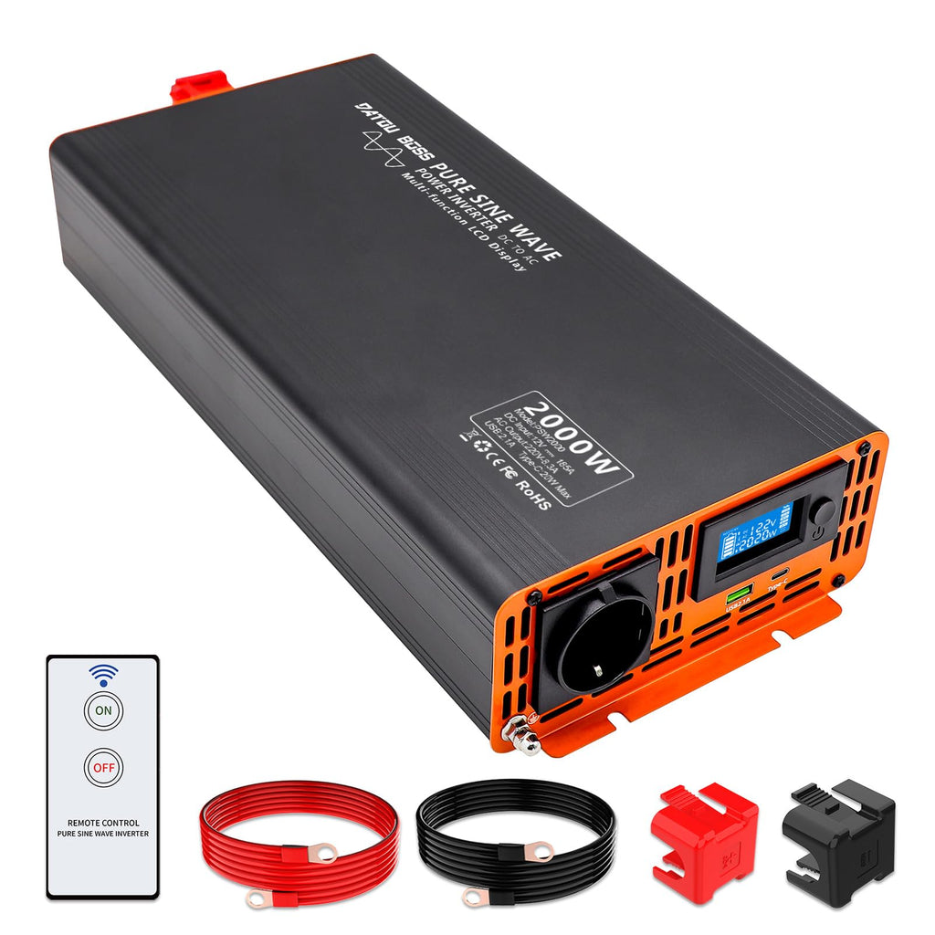DATOUBOSS Wechselrichter 12v auf 230v 2000W/4000W Reiner Sinus Spannungswandler Power Inverter mit LCD-Bildschirm 1 Type-c und 1 USB Anschlüsse für Wohnmobil Auto