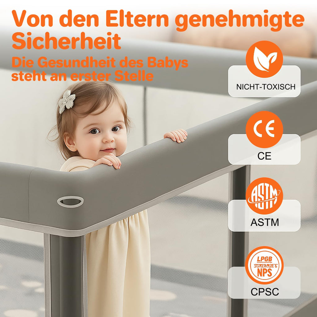 Laufstall Baby Faltbar Playpen with Mat - 127x127CM-Laufgitter, Schneller Aufbau, Sicher & Tragbar für drinnen & draußen (Grau)