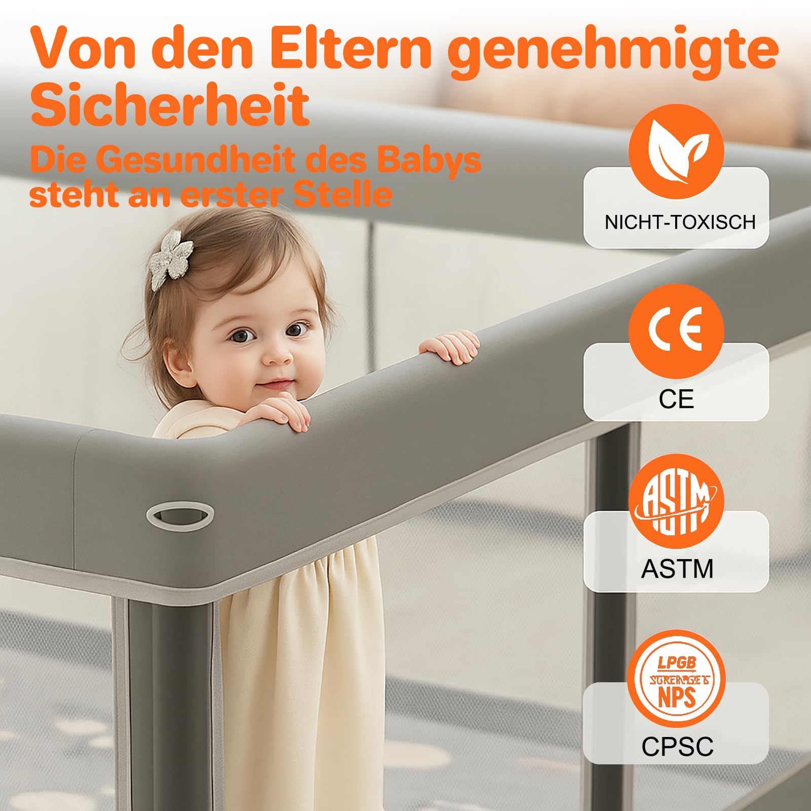 Laufstall Baby Faltbar Playpen with Mat - 127x127CM-Laufgitter, Schneller Aufbau, Sicher & Tragbar für drinnen & draußen (Grau)