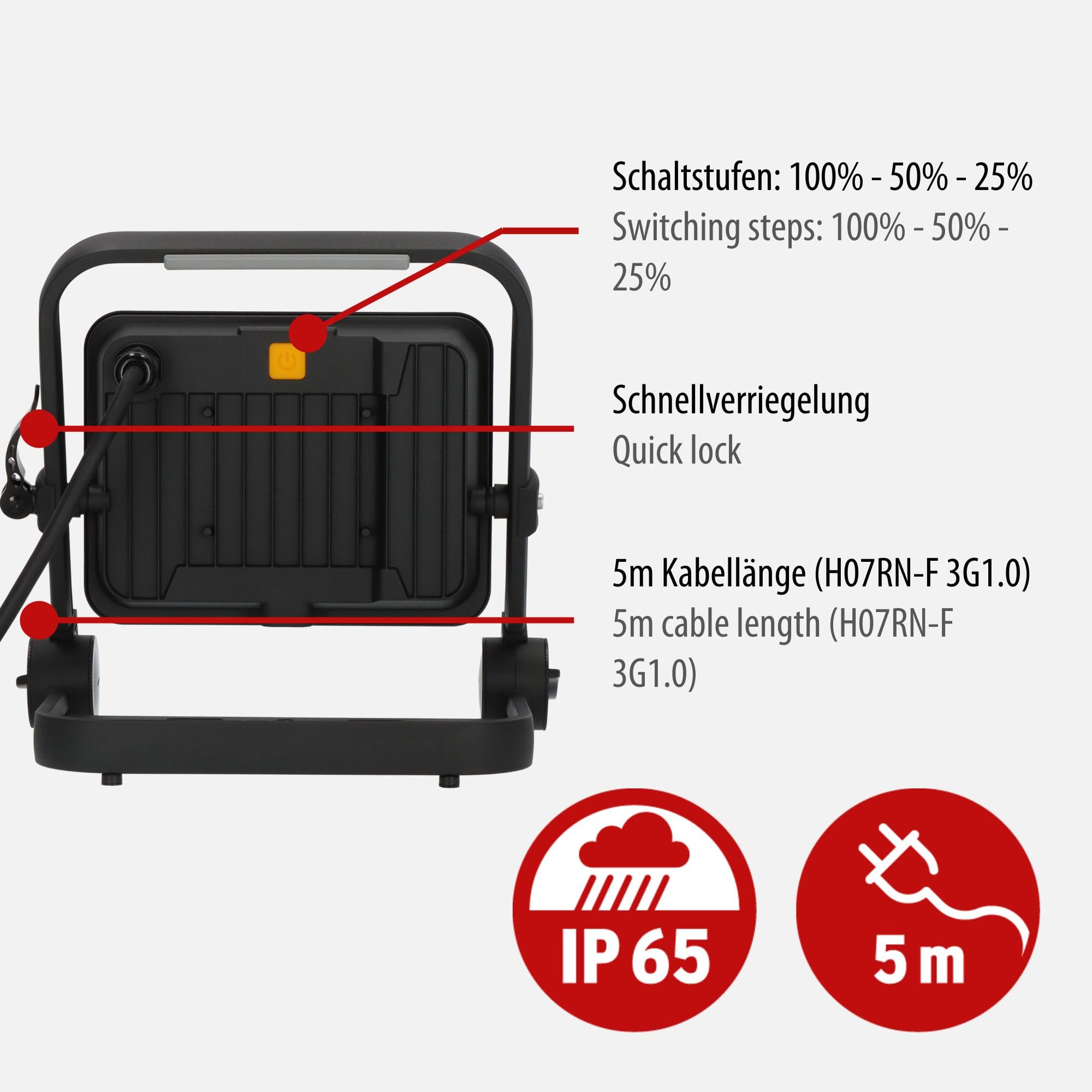 Brennenstuhl LED Baustrahler JARO 7060 M (50W, 5800lm, 6500K, IP65, 5m Kabel, dimmbar, LED Arbeitsstrahler mit Schnellspannverschluss)