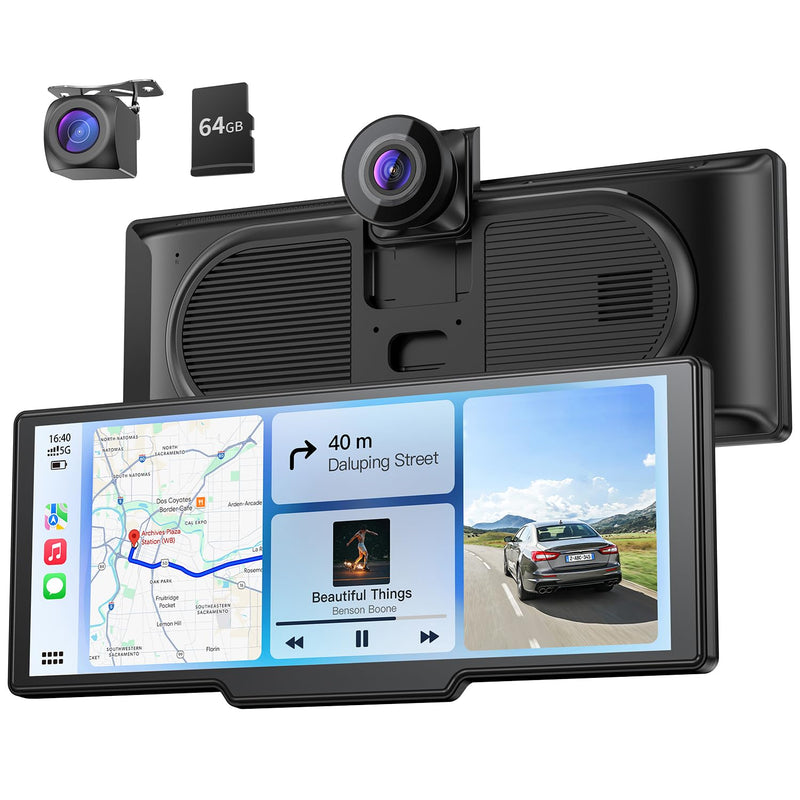 Krunia 9,26" Drahtloses Tragbarer Car Play Display mit 4K-Front- & HD-Rückfahr-Dual-Dashcam für Apple CarPlay & Android Auto mit OTA-Updates, Mirror Link, Bluetooth 5.0, Sprachsteuerung, GPS, FM