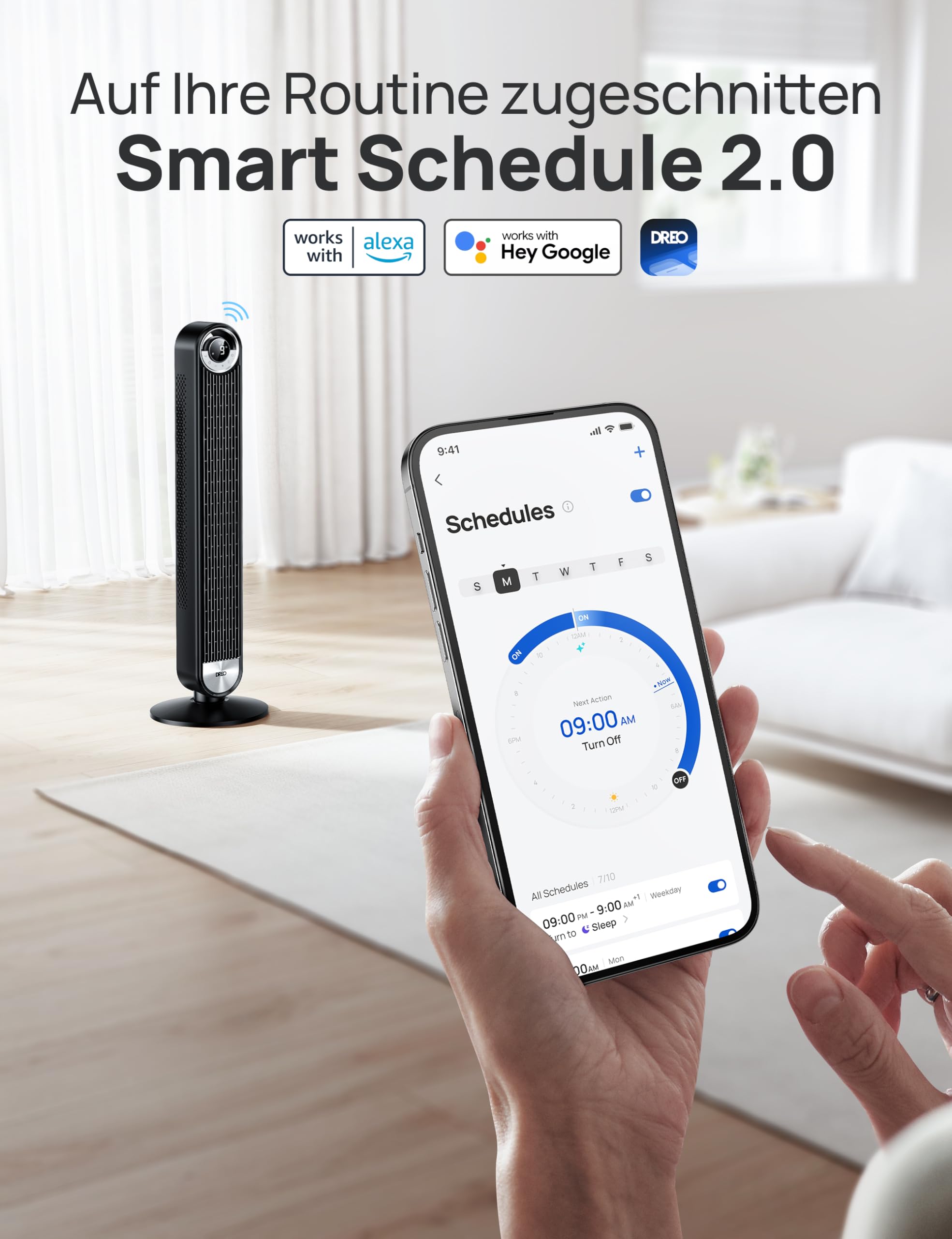 Dreo Smart Leiser Turmventilator mit Kühlung, 106cm WiFi Alexa Tower Fan, 90° oszillierender Ventilator, Fernbedienung 9-Geschwindigkeit 4 Modi 12 Std Timer Sprachsteuerung, Cruiser Pro T2S, Schwarz