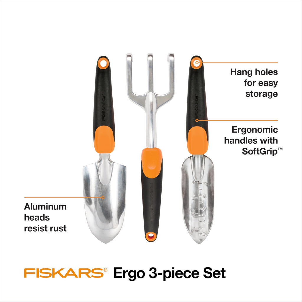 Fiskars Gartenwerkzeug-Set, 3 Stück, inklusive rostbeständiger Kelle, Pflanzgefäß und Kultivator, Gartengeräte für die Bepflanzung im Freien, ergonomisches Hofwerkzeug-Set – Gartengeschenke für Frauen
