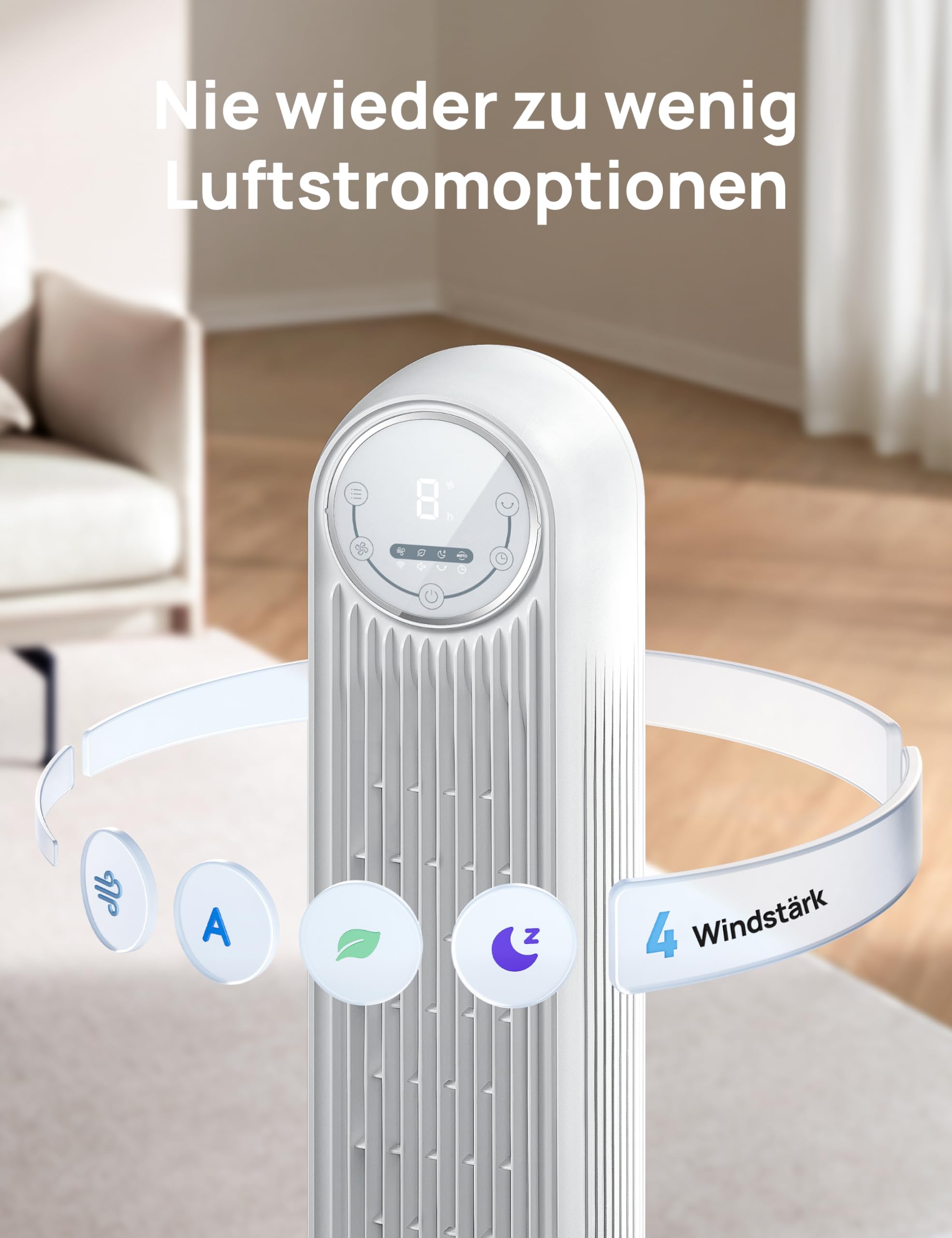 Dreo 20dB Leiser Turmventilator, 10 m Wurfweite 4 Geschwindigstufen 4 Modi 8 Std. Timer 90° oszillierende Ventilator mit Kühlung Fernbedienung für Schlafzimmer, Nomad One, Weiß