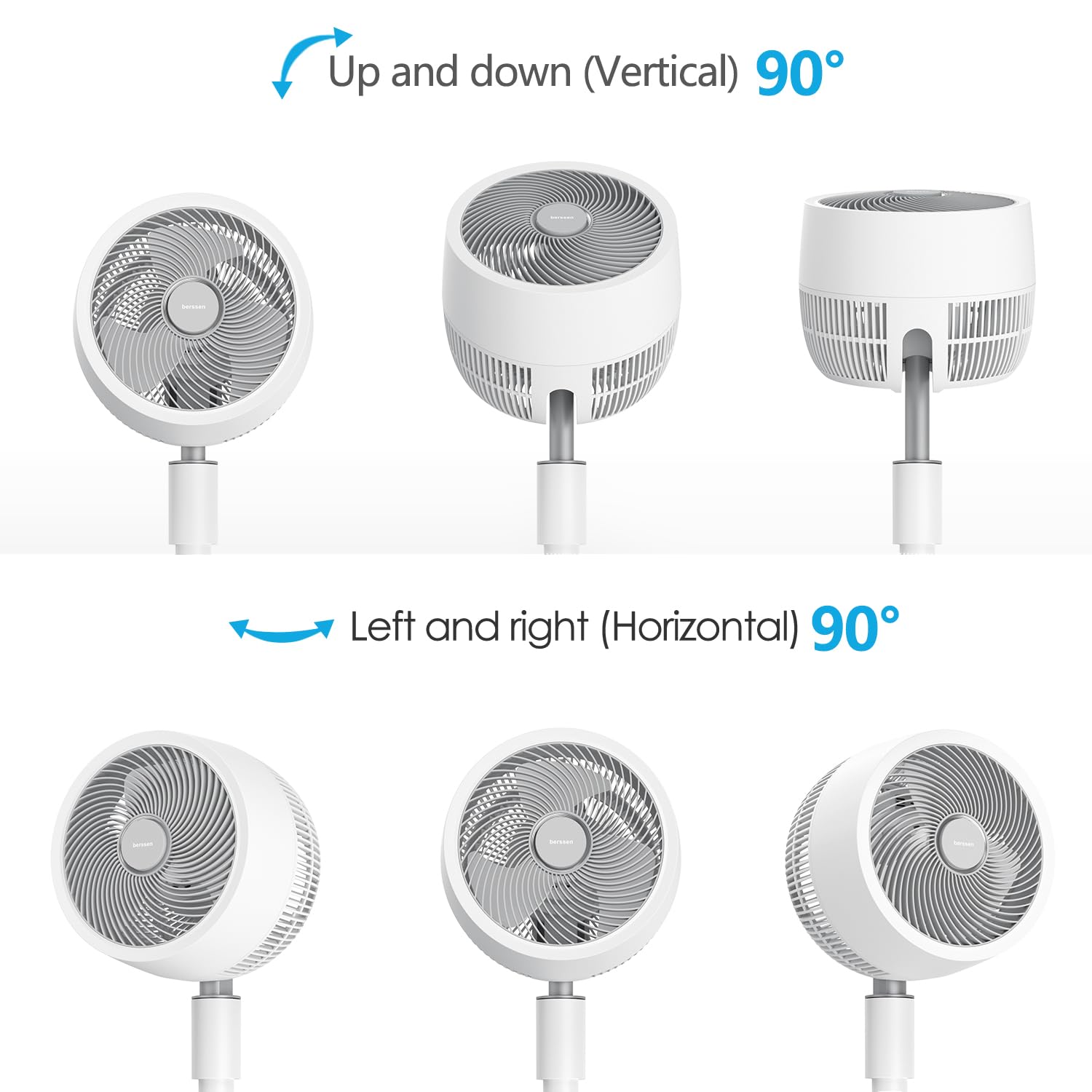 berssen Standventilator Ventilator leise 25dB 3D Oszillation DC Motor 68/100cm Höhenverstellbar Turbo Luftzirkulation Fernbedienung Tastbildschirm 7,1m/s Windgeschwindigkeit Energie Sparen,Weiß
