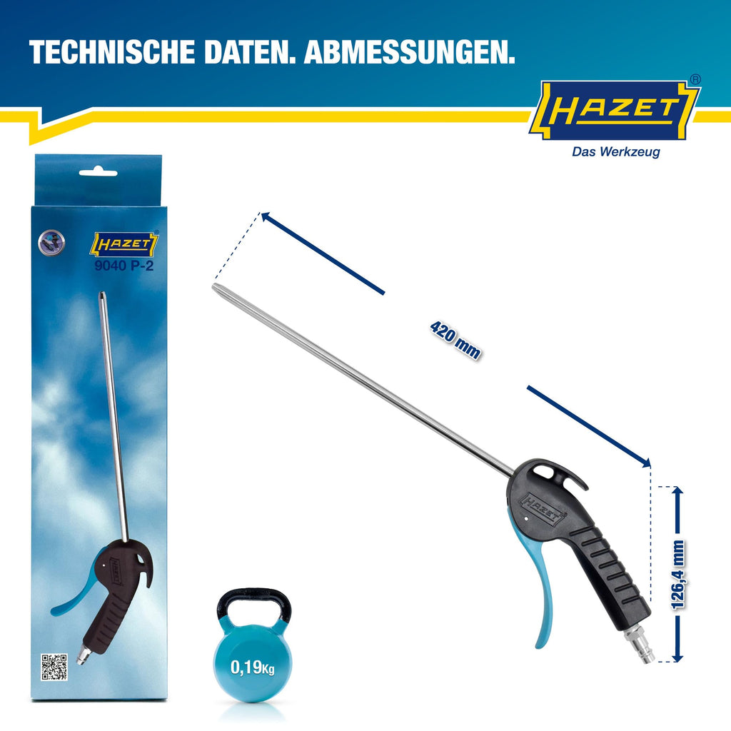 HAZET Ausblaspistole 9040P-2 I 280 mm gerade, lange Düse, 6 bar Betriebsdruck mit ergonomischem Handgriff I für ein schnelles Entfernen von Spänen oder anderen Fremdkörpern