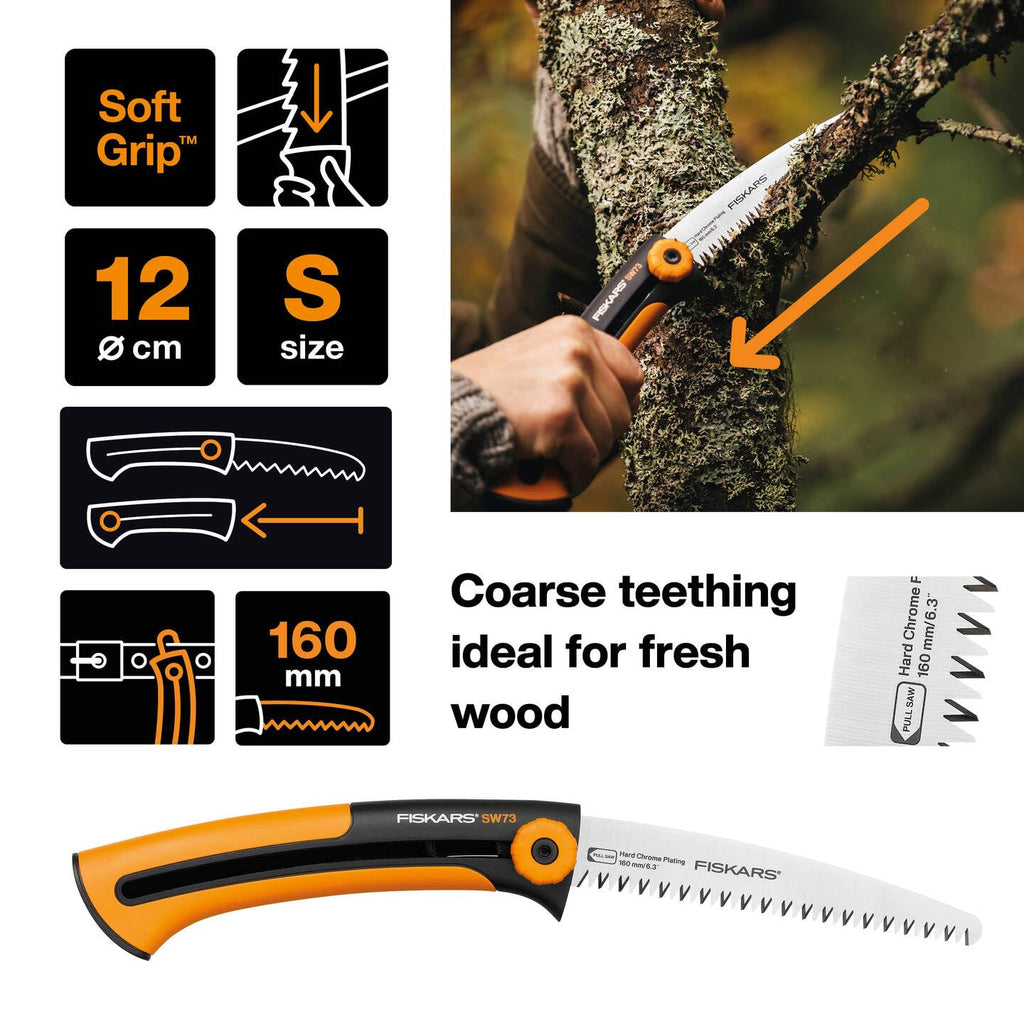 Fiskars Handsäge für frisches Holz, Grobzahnung, Sägeblattlänge: 16 cm, Einziehbar, Rostfreies Stahl-Sägeblatt, Schwarz/Orange, Xtract, SW73, Länge: 35 cm, 1000613