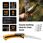 Fiskars Handsäge für frisches Holz, Grobzahnung, Sägeblattlänge: 16 cm, Einziehbar, Rostfreies Stahl-Sägeblatt, Schwarz/Orange, Xtract, SW73, Länge: 35 cm, 1000613