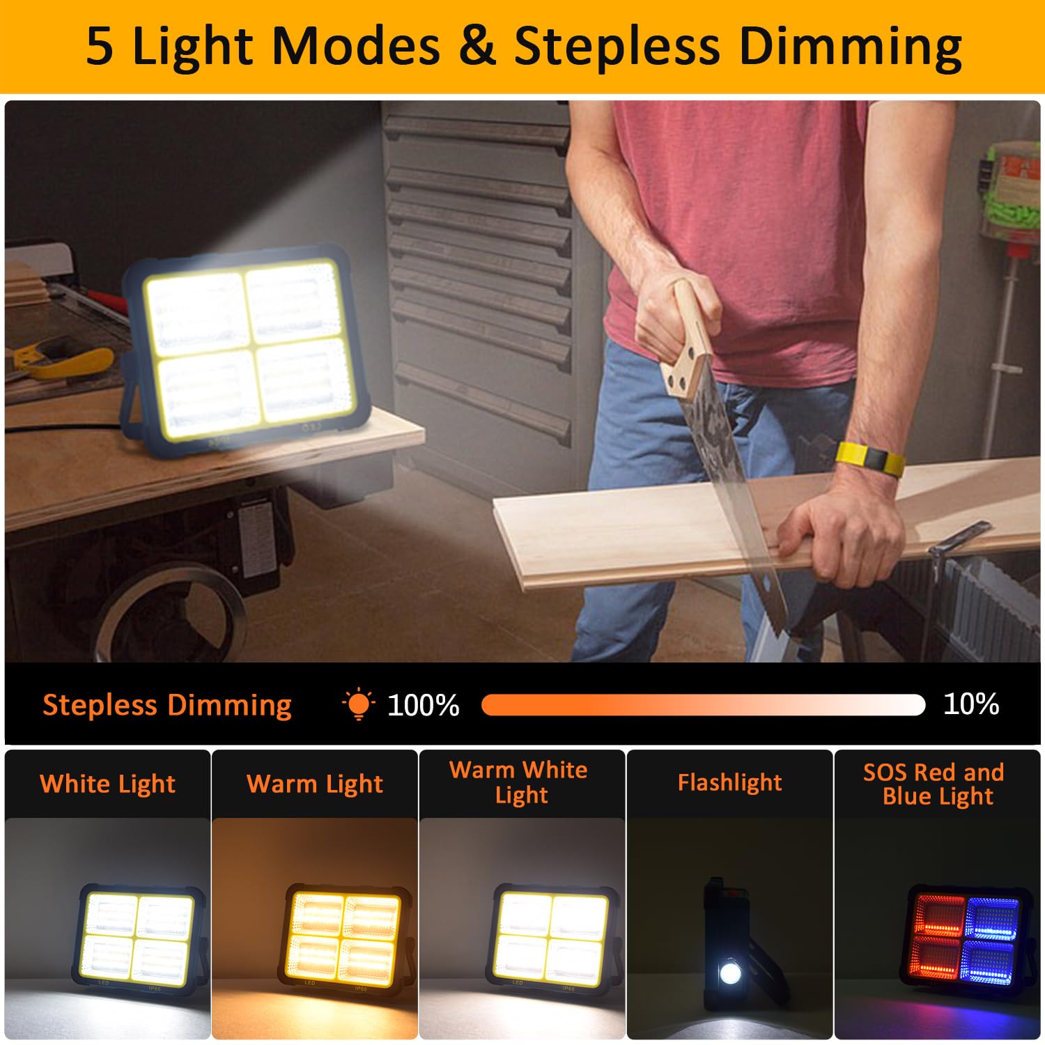 Eraylife LED Baustrahler Akku 100W mit Doppeltem Solarpanel, Tragbare LED Strahler Akku 12000mAh, 5 Modi/ 288 LEDs/ IP66/ Abstimmbar Arbeitsleuchte für Notfälle, Baustelle, Garage, Camping