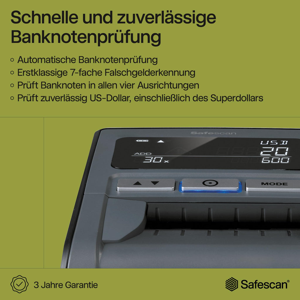 Safescan 185-S automatischer Geldscheinprüfer zur schnellen Überprüfung von Geldscheinen - Inklusive US Dollar - Falschgeldprüfgerät mit 7-facher Echtheitsprüfung - 100% genauer Geldscheinprüfer