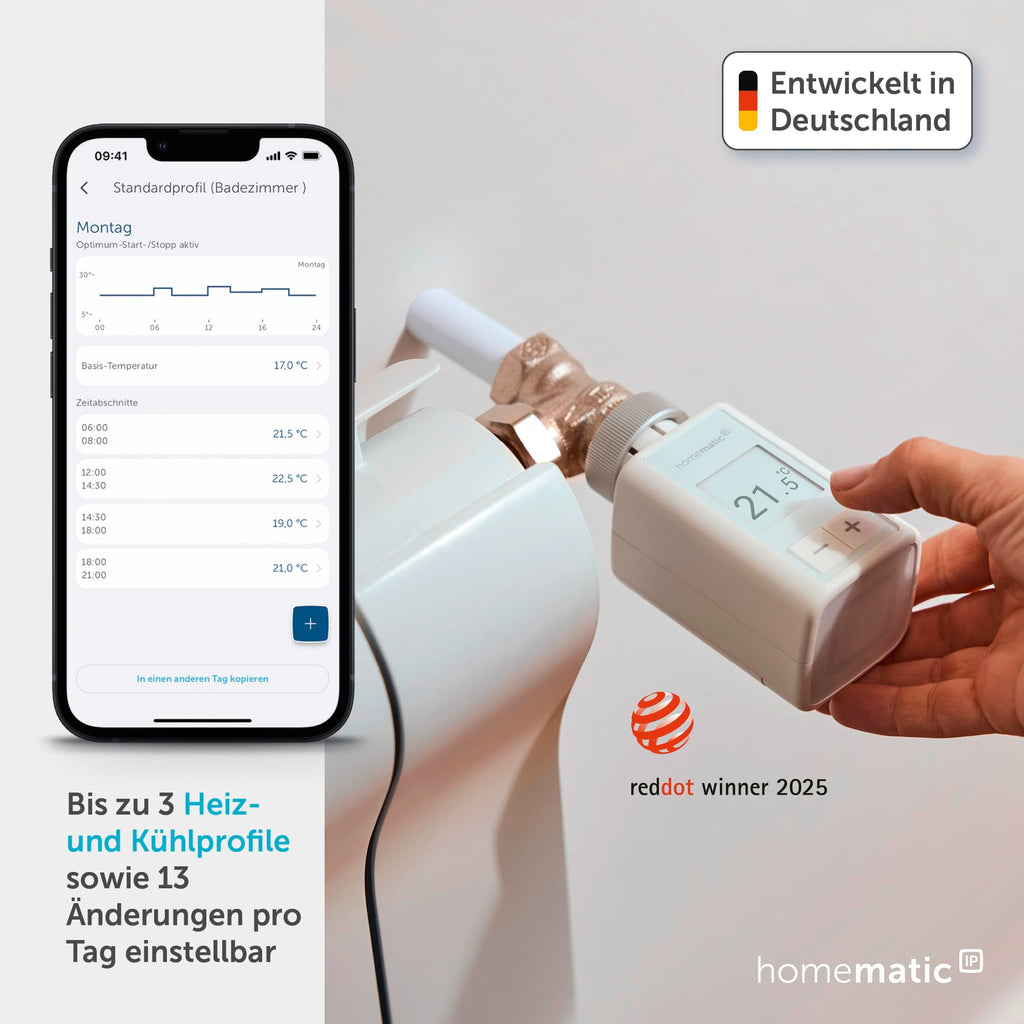 Homematic IP Smart Home Heizkörperthermostat – Flex, digitaler Thermostat Heizung, Steuerung per App, Alexa, Google Assistant, einfache Installation, Energie sparen, 160230A0