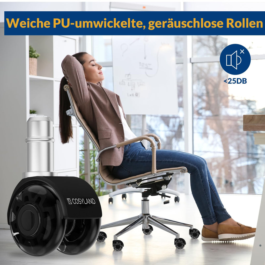 COSYLAND Bürostuhl Rollen 10mm x 22 mm - 5er Set Rollen für Bürostühle - Super Leise und Weiche für Hartböden, Parkett, Teppich, Laminat, Keine Bodenschutzmatte Nötig, Schwarz Doppelräder