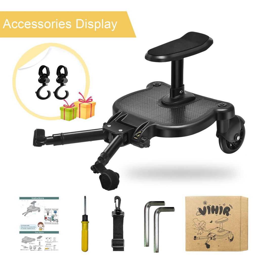 Buggy Board für alle Kinderwagen, Vihir Kiddy Board mit Sitz, Trittbrett Mitfahrbrett Universal passend für 2-6 Jahre alte Kinder, mit einer maximalen Belastung von 55 Pfund (schwarz)