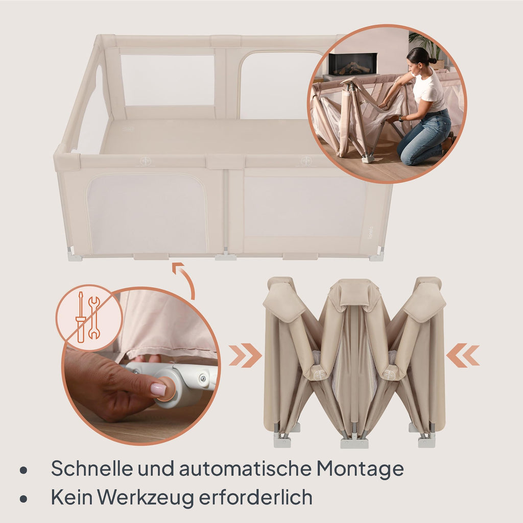 Lionelo Kinderlaufgitter 150 x 180 x 75 cm Florence Easy Fold, atmungsaktives Netz, sicher, tragbar, einfach zusammenklappbar, 2 Eingänge mit Reißverschluss, Reisetasche
