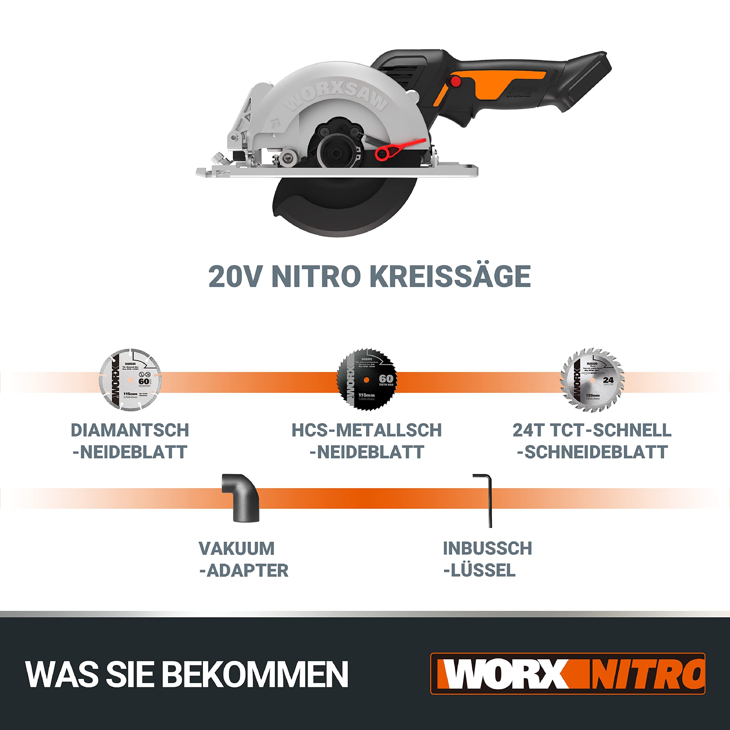WORX Nitro WX531.9 Akku Kreissäge 20V – Leistungsstarke Bürstenlose Kreissäge für exakte, gerade Schnitte – Schneidet mühelos Holz, Metall, Fliesen & Plastik – ohne Akku & Ladegerät
