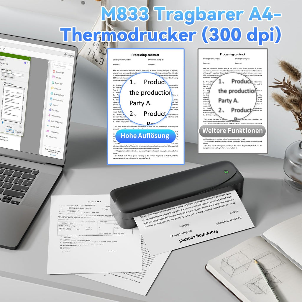 Phomemo M833 Thermodrucker A4 für Unterwegs, Kabelloser Tragbarer Drucker 300DPI, Mobiler Drucker für Rechnungen, Studium, Zuhause, Geschäft, Schule, Kompatibel mit iOS, Android und PC, Schwarz