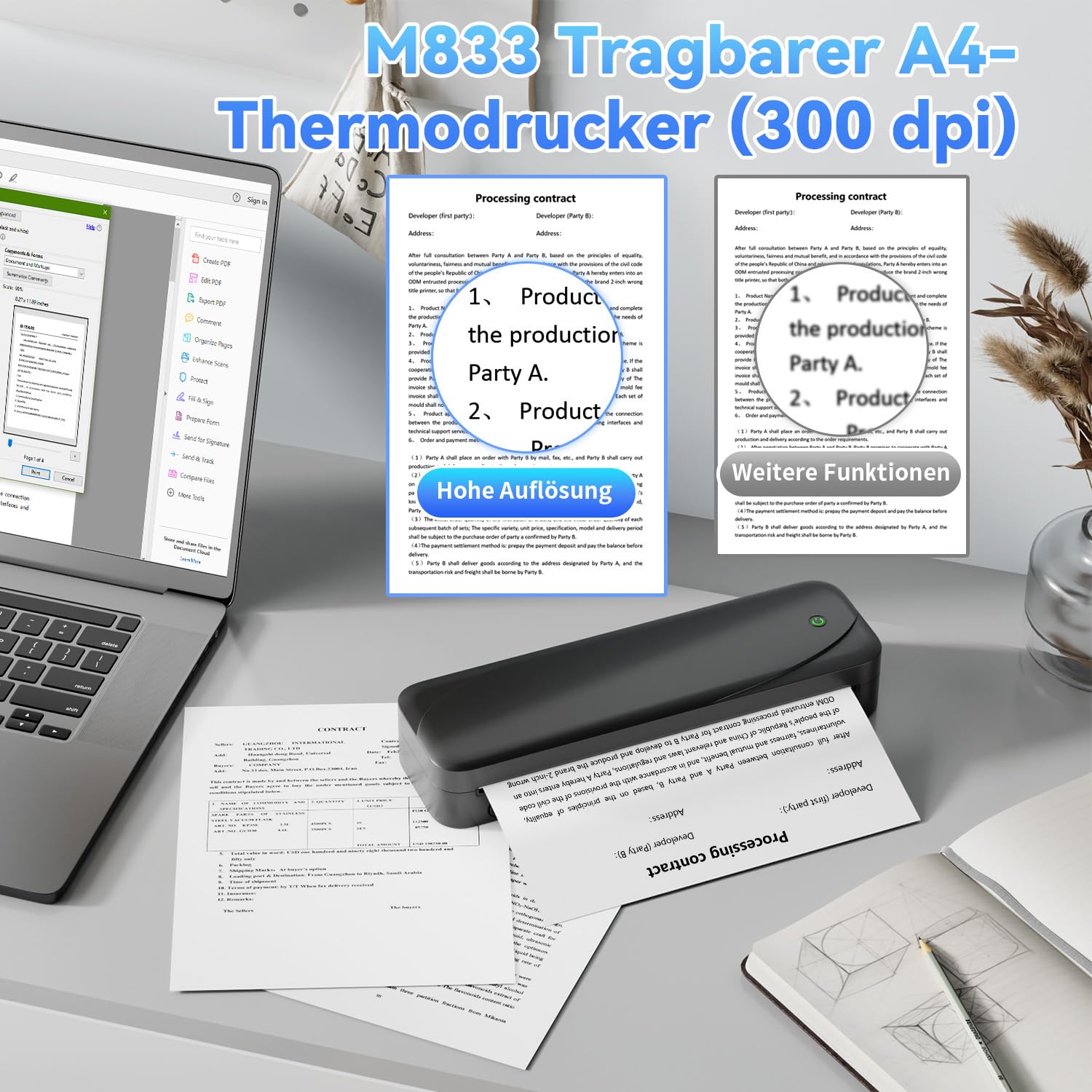 Phomemo M833 Thermodrucker A4 für Unterwegs, Kabelloser Tragbarer Drucker 300DPI, Mobiler Drucker für Rechnungen, Studium, Zuhause, Geschäft, Schule, Kompatibel mit iOS, Android und PC, Schwarz