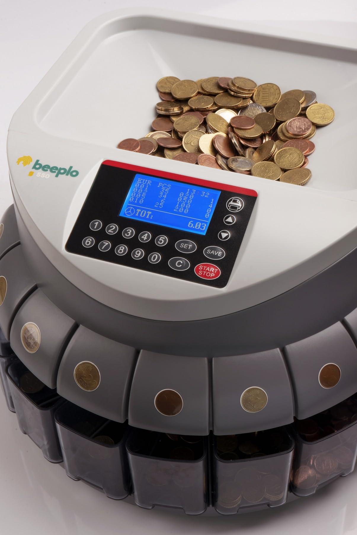 beeplo g550 – Zähler/Münzsortierer – Kapazität von 500 bis 800 Münzen – 250 Münzen pro Minute – Anzeige von Zählern – Schachteln