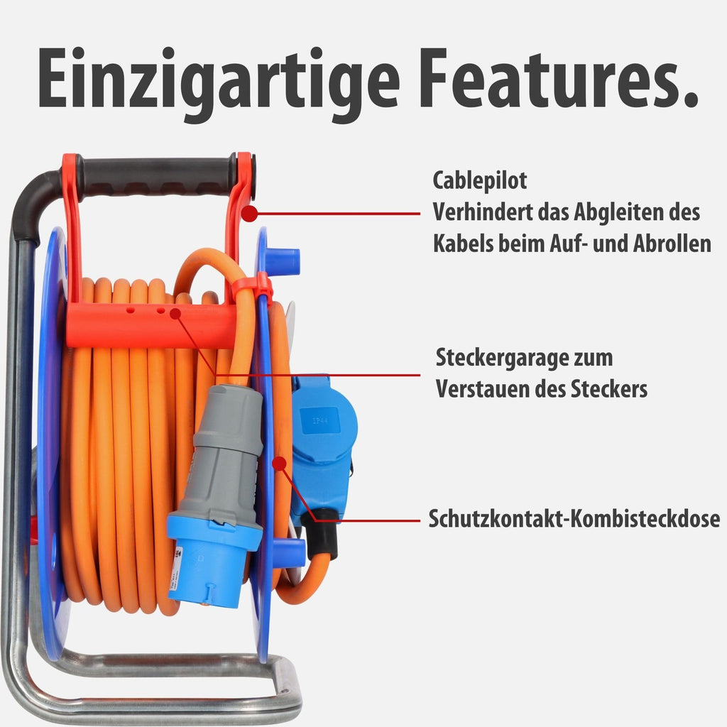 Brennenstuhl Camping-Kabeltrommel / CEE 230V Kabeltrommel 25m (H07RN-F 3G2,5 in orange, CEE-Winkelkupplung inkl. Schutzkontakt-Kombisteckdose, für den ständigen Einsatz außen IP44, Made in Germany)