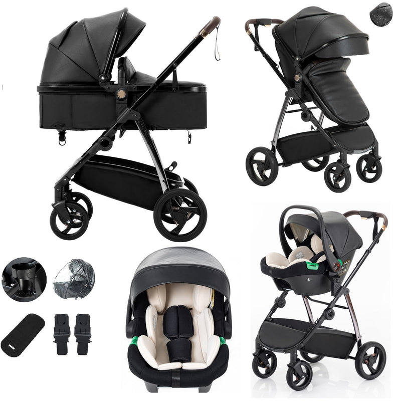 Lnhcrbs Kinderwagen 3 in 1,Kinderwagen Set ist ein mit einer Hand faltbarer Aluminiumrahmen, Bergsteiger Stoller ist aus Leder, wasser- und schmutzabweisend, Für 0-4 Jahre, 22KG(Schwarz)