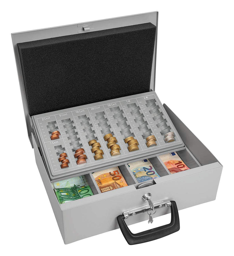 Wedo Geldzählkassette Universa kombiniertes Stahlblechprogramm für Hart- und Papiergeld mit 2 tragbaren Griffen stabiler Coinsafeeinsatz 4-Fächer für Scheine 35,5 × 27,5 × 10 cm