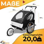 SAMAX Fahrradanhänger Jogger 2in1 Kinderanhänger Kinderfahrradanhänger Transportwagen vollgefederte Hinterachse für 2 Kinder in Weiß/Schwarz - Silver Frame