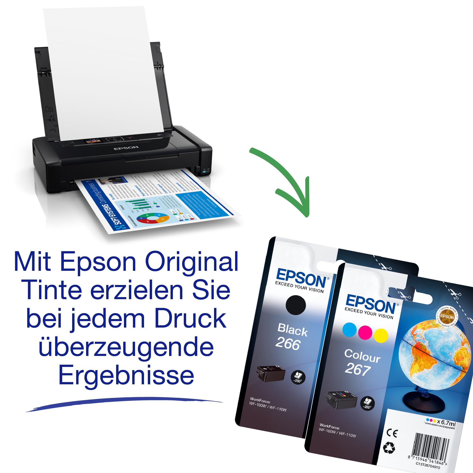 Epson WorkForce WF-110W tragbarer Tintenstrahldrucker (DIN A4, WiFi Direct, Drucker, mobiles Drucken, USB, integrierter Akku, nur 1,6 kg Gewicht) schwarz